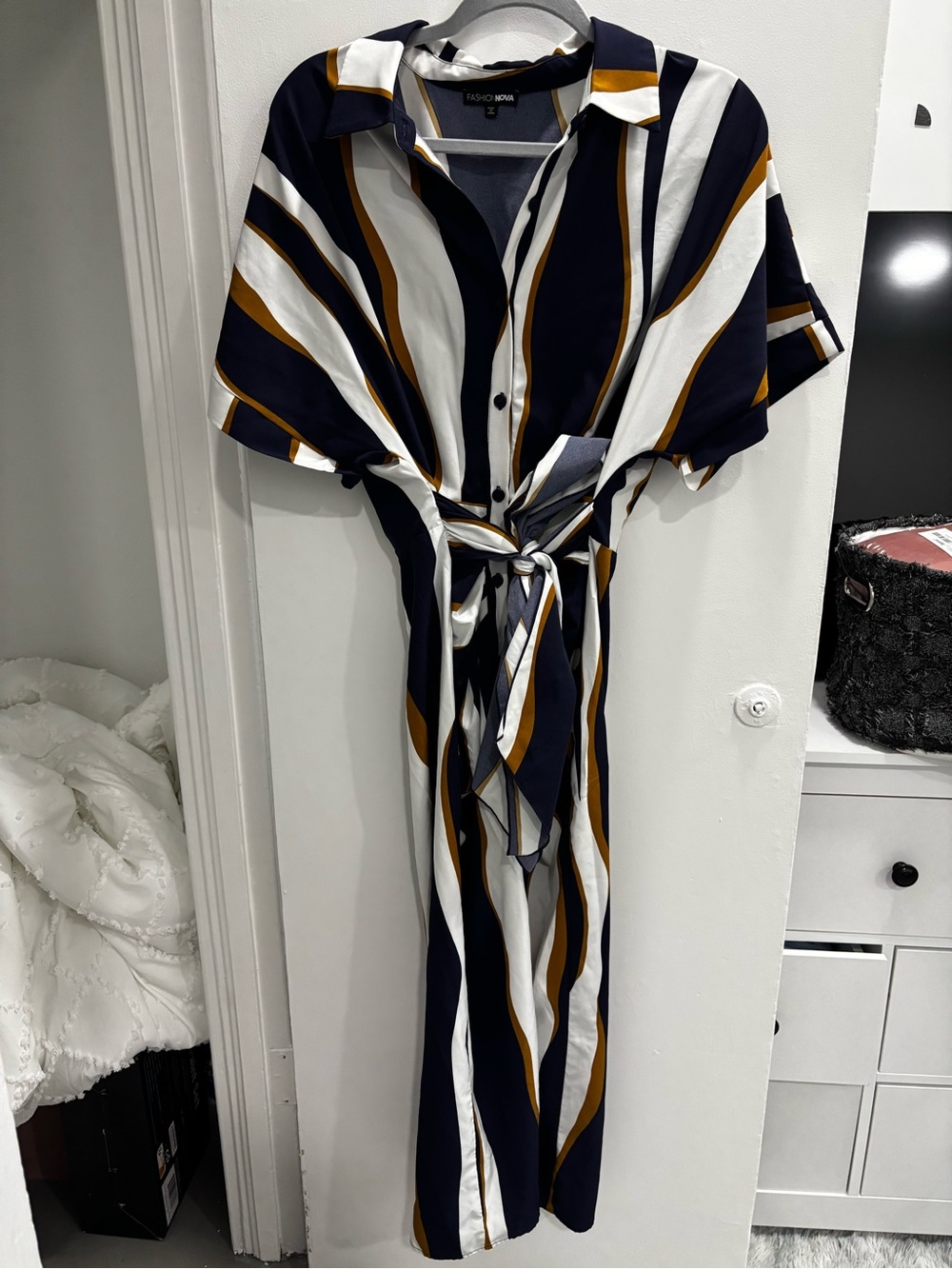 Fashion Nova Navy, White & Mustard Striped Tie-Waist Maxi Shirt Dress